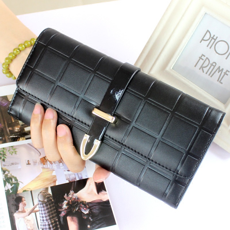 女士长款钱包2018新款格子夏手拿包搭扣三折皮夹欧美撞色压花钱夹|ms