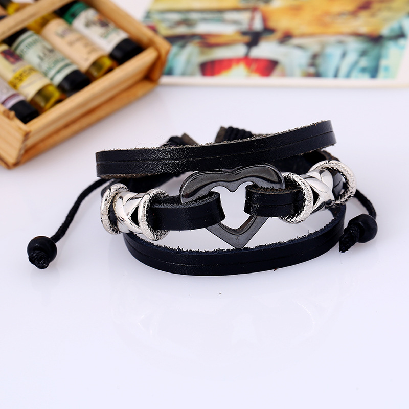 New beaded leather bracelet simple fashion jewelry heart couple leather bracelet