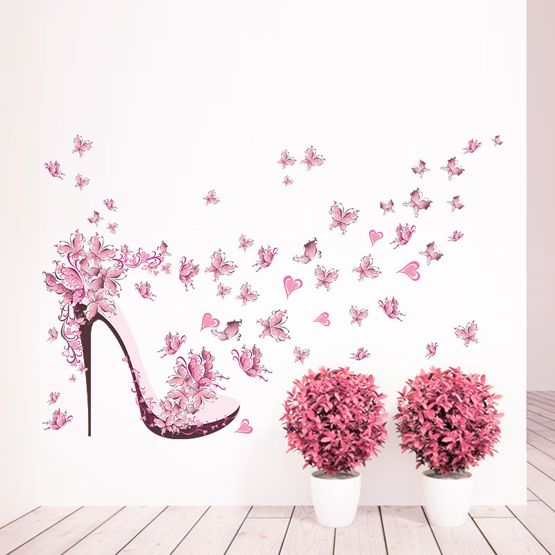 (Cross-border trading), (Wholesale), fuchsia high heels with butterfly, waterproof removable sticker on wall