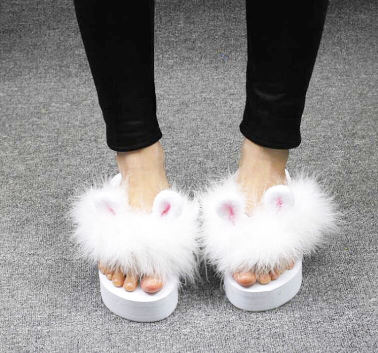 手作萌兔耳朵毛毛鞋鸵鸟毛超仙人字拖松糕鞋日系坡跟拖鞋软妹
