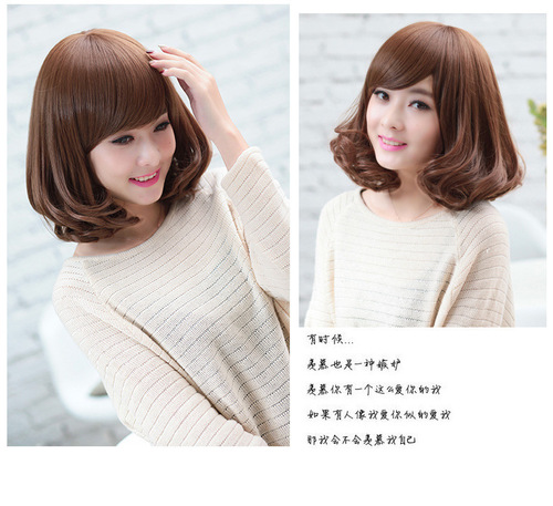 Korean wig for women, short bob cut, short curly hair, bobo head, side bangs, fluffy face-lifting, plum blossom head, wig set, long princess hair