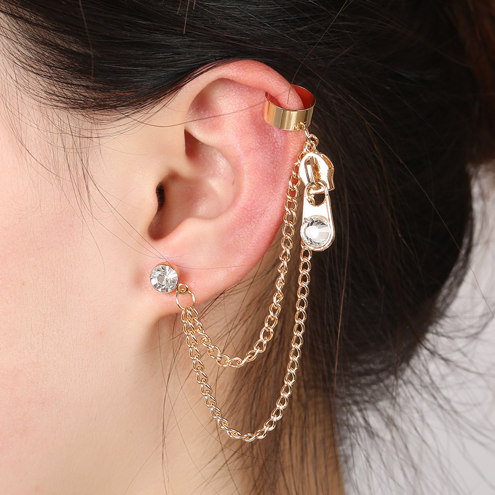 Exaggerated Zipper Tassel Diamond-studded Hypoallergenic Ear Clip display picture 9