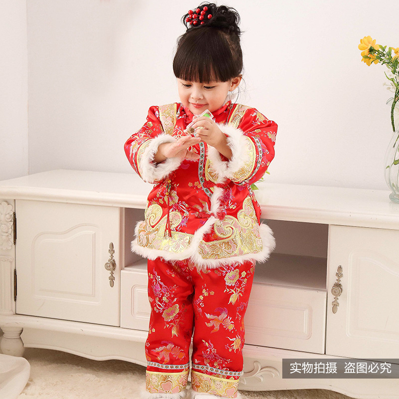 冬款童装 中国风儿童唐装 中小童斜扣两件套 女童保暖棉衣喜庆装