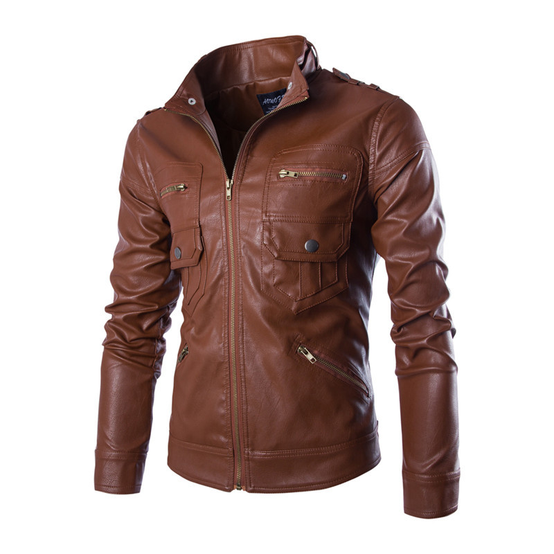 New men's stand collar motorcycle wash PU leather coat multi zipper men's leather jacket casual coat