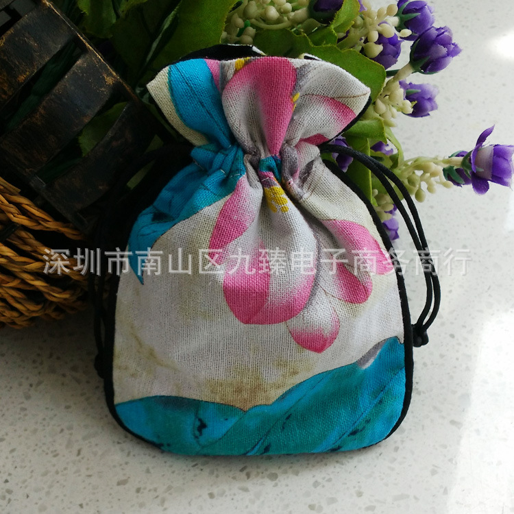 中国风青花纯棉麻布印花抽绳束口礼品袋 文玩佛珠手串香料首饰袋