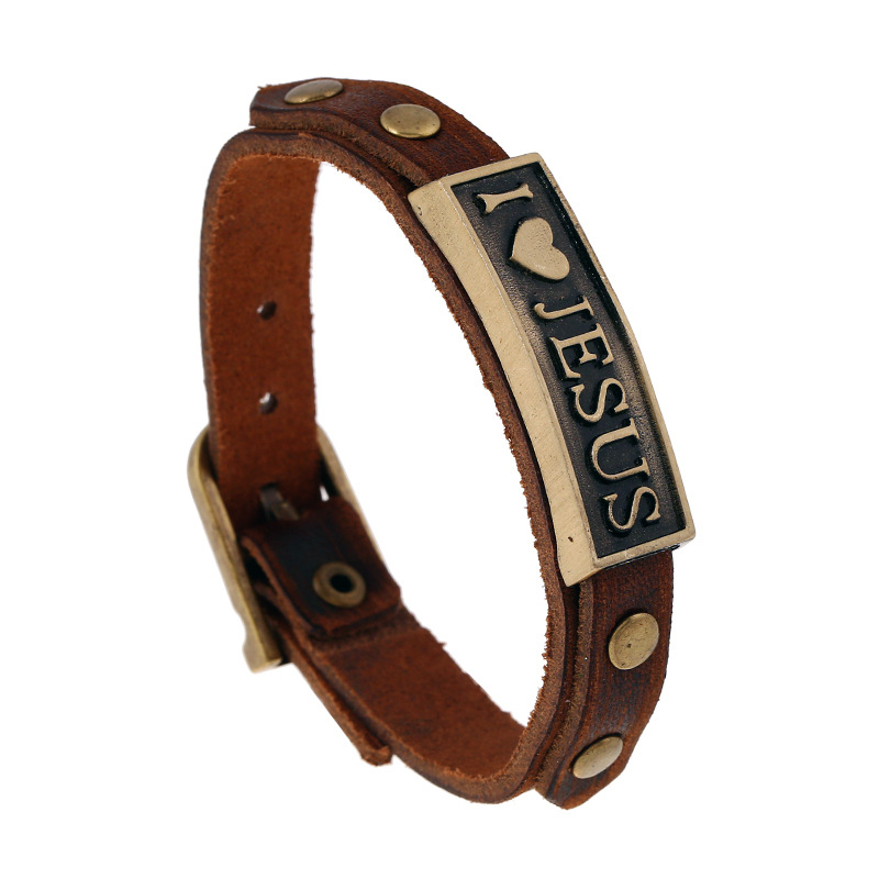 Leather Bracelet Men's Bracelet I Love Jesus Vintage Alloy Leather Bracelet display picture 5