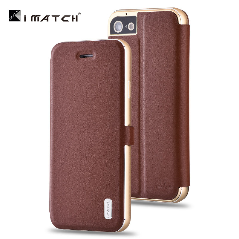iMatch Luxury Aluminum Metal Bumper Premium Genuine Leather Flip Magnetic Case Cover for Apple iPhone 7 Plus & iPhone 7