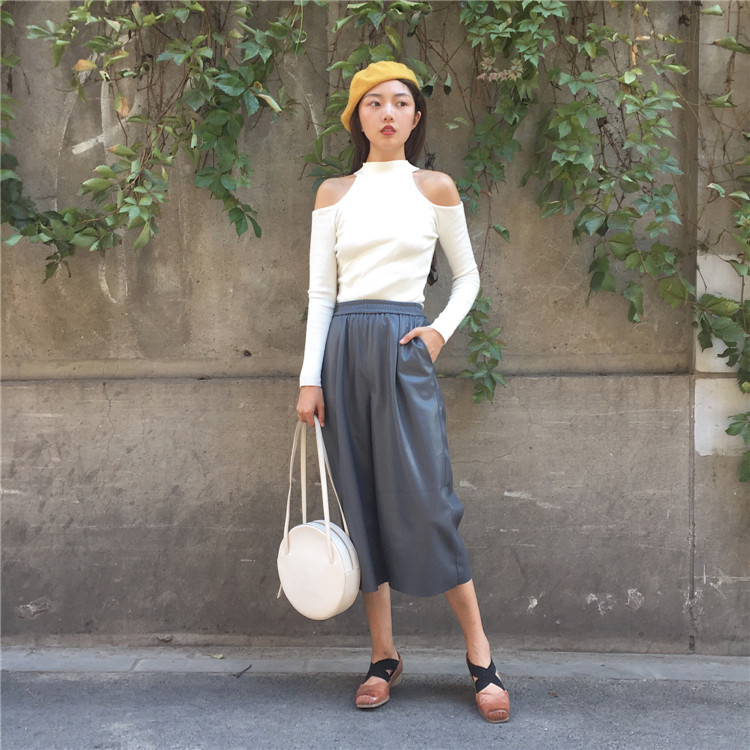 女式休闲裤-曼雅 秋季新款复古PU皮阔腿裤九分