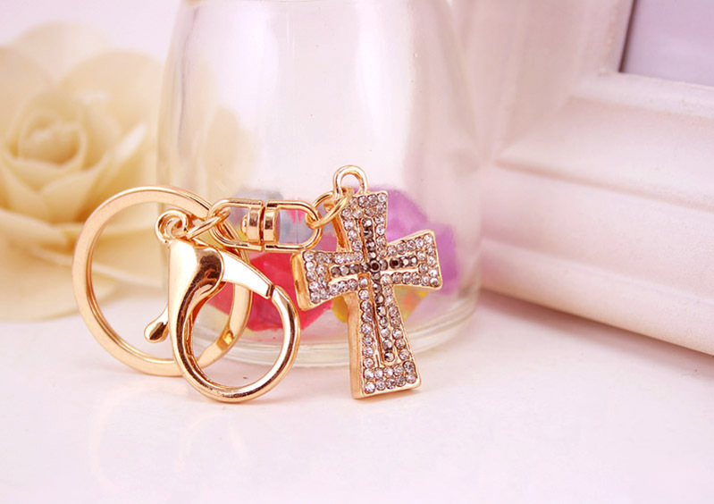 22g Weight Alloy, Metal Material Cross Pattern Unisex Gender Fashion New Car Accessories Color Diamond Cross Keychain 5
