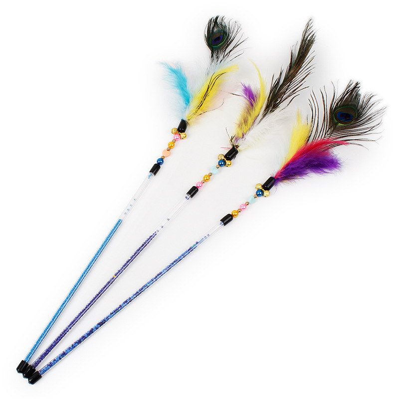 纯手工带珍珠孔雀毛逗猫棒3