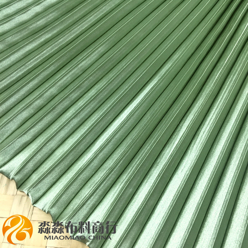 服装DIY布料 电光抹茶绿纹压皱百褶仿真丝色丁 不透半裙子薄面料