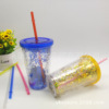 Double-layer plastic straw with glass, flashing glass, 16 oz