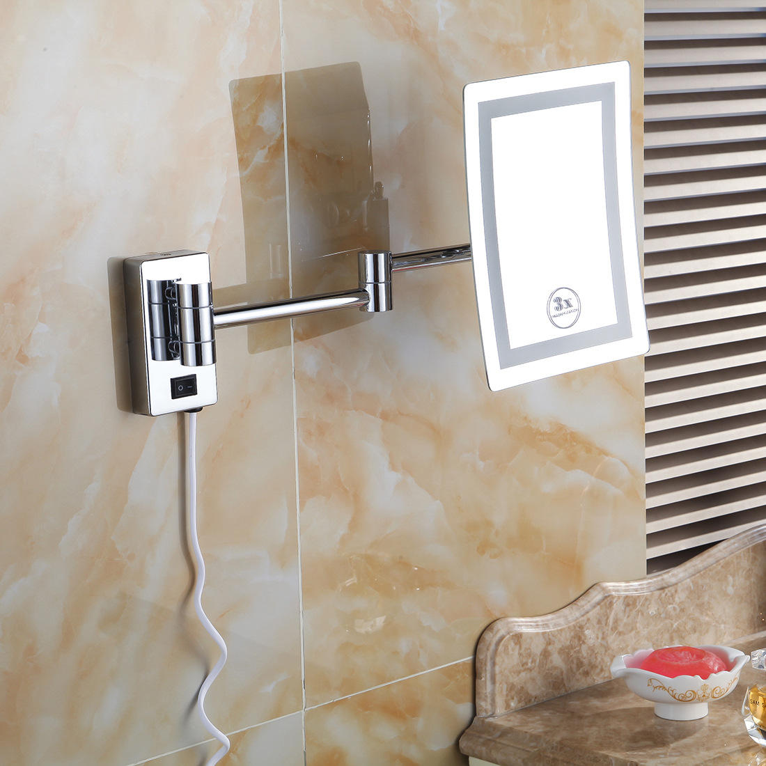 挂壁式全铜镀铬方形浴室美容镜 LED带灯折叠旋转化妆镜