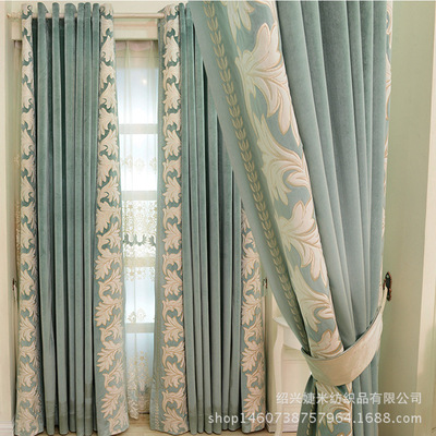 美丝梦莎批发意大利绒布欧式激光绣花绿色卧室窗帘布成品遮光窗帘|ms