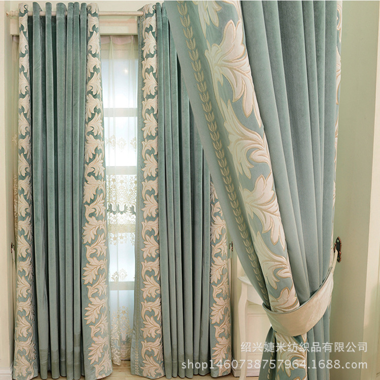 美丝梦莎批发意大利绒布欧式激光绣花绿色卧室窗帘布成品遮光窗帘|ms