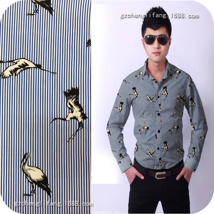 经典条纹仙鹤图案 全棉府绸印花布 男装衬衫印花面料女装裙印花布