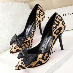 Han edition sexy fine nightclubs with high 9601-1 with lighter pointed hollow-out leopard bow single shoe heels