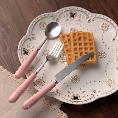 厂家批发直销日韩樱花图案陶瓷柄不锈钢勺子叉子刀子创意餐具散装