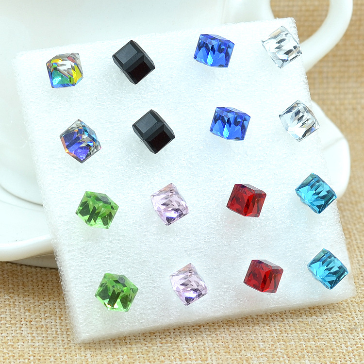 undefined6 millimeter Box crystal Glass Ear Studs high-grade Korean Edition Earrings girl student Jewelry Stall box-packed Ear Studs wholesaleundefined