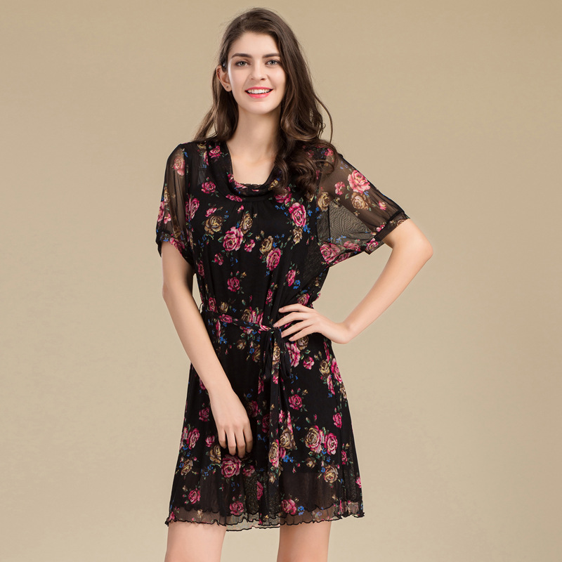 Luxury Silk Mesh Dress 100 Mulberry Silk Floral Print Plus Size Mid Length Summer Fashion Wholesale Available