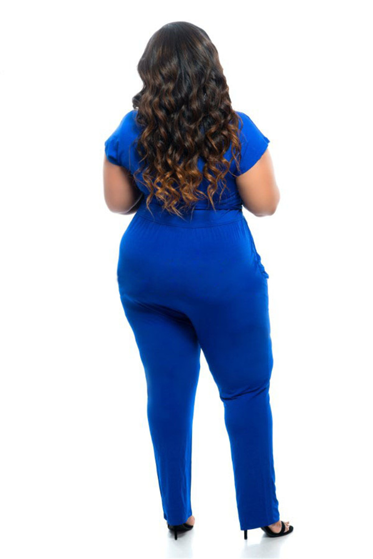 Plus size V-neck stretch solid color jumpsuit NSLM33284