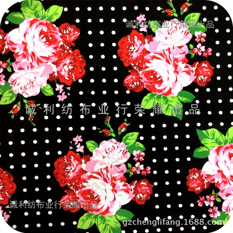 欧美全棉斜纹弹力印花布 春女装连衣裙印花面料 圆点玫瑰花印花布