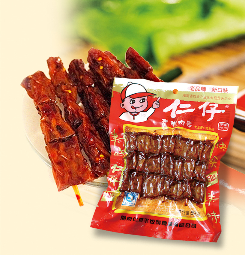 仁仔食品麻辣熟食80克素羊肉串湖南特产豆腐干零食批发香辣味