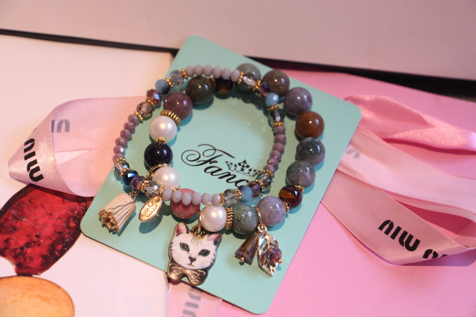Fashion Cat Artificial Crystal Agate Beaded Bracelets 1 Piece