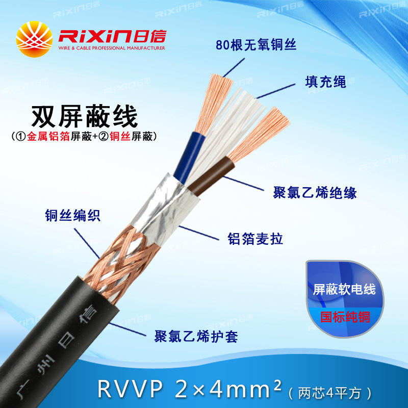 国标纯铜屏蔽线/RVVP2*4平方软铜芯/电线电缆 抗干扰信号线 双芯