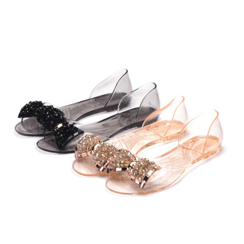 New Transparency sandals for women, summer flat jelly shoes with glass drill bow tie fashion shoes, plastic fish mouth shoes