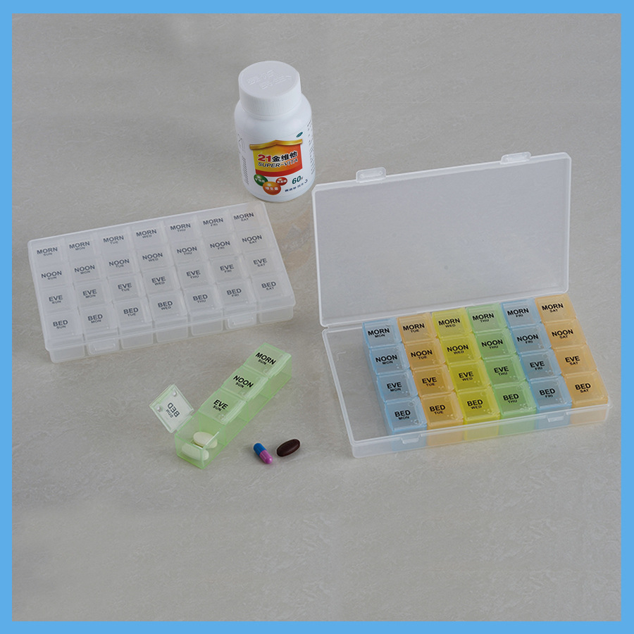 高质量食品级塑料提醒药片盒 可拆分双层盖子四格7排28格药盒