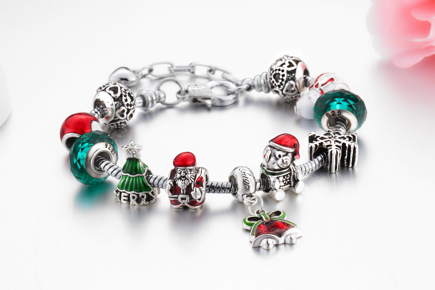 Weihnachtsarmbänder mit Perlen, Zinklegierung, galvanisiert, Öltropfen, Weihnachtsmann, Kristallglocke_voghion.com