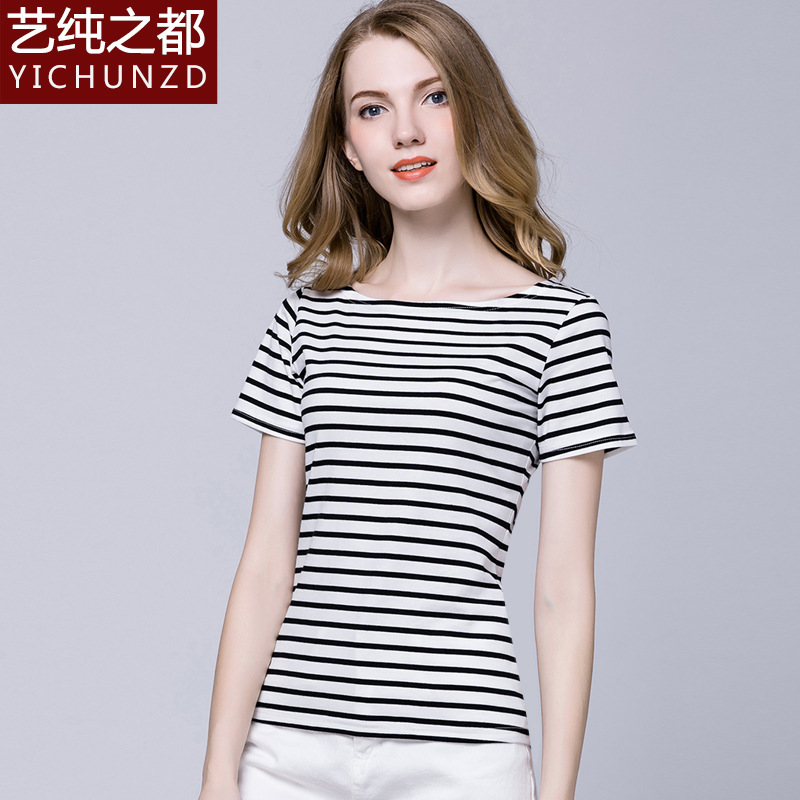 European and American New striped T-shirt women's short sleeve collar black and white striped short sleeve T-shirt Jacket Women's T-Shirt wholesale European and American New striped T-shirt women's short sleeve collar black and white striped short sleeve T-shirt Jacket Women's T-Shirt wholesale