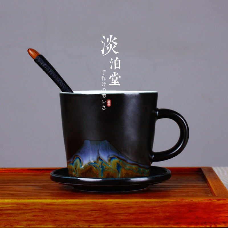 景德镇陶瓷个性创意窑变手绘火山图案茶杯水杯马克杯咖啡杯