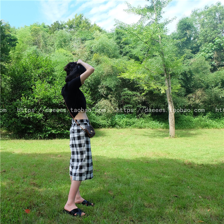 女式休闲裤-2016韩国代购时尚复古棉麻黑白格