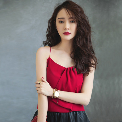 夏歐美V領短款吊帶背心酒紅色性感優雅打底上衣