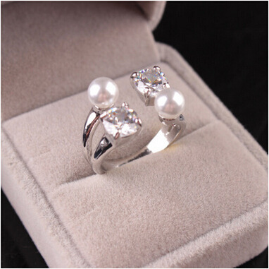 新款日韩精品时尚开口活口锆石珍珠水晶戒指结婚戒子一件代发手饰