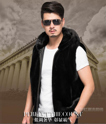 秋冬男款水貂新款男士仿皮草外套背心水貂連帽馬甲馬夾外貿代理
