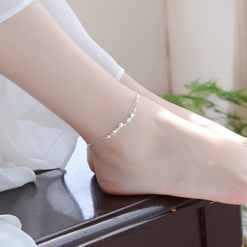 Bracelet with Beads, Women's Silver Bracelet, Japanese and Korean Style Small Star Accessories, Double Layer Polished Bead Small Gift, Gift for Feet Bracelet, Wholesale