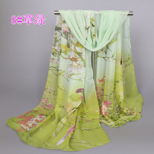 Spring and summer new style silk scarf with magpie heralding spring pattern, women's chiffon long scarf, wholesale from Yiwu small scarves and shawls
