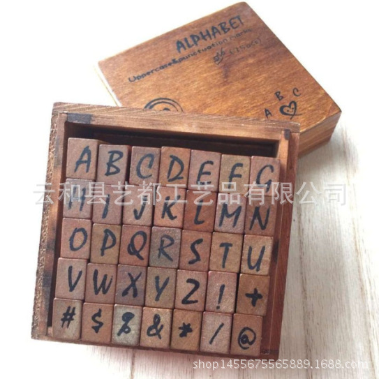Sello de madera vintage de letras mayúsculas y minúsculas, sello de madera, caja de madera, 35 piezas antiguas
