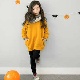 韩版女童卫衣秋冬儿童套头抓绒中长款宝宝加绒衫冬装上衣代发