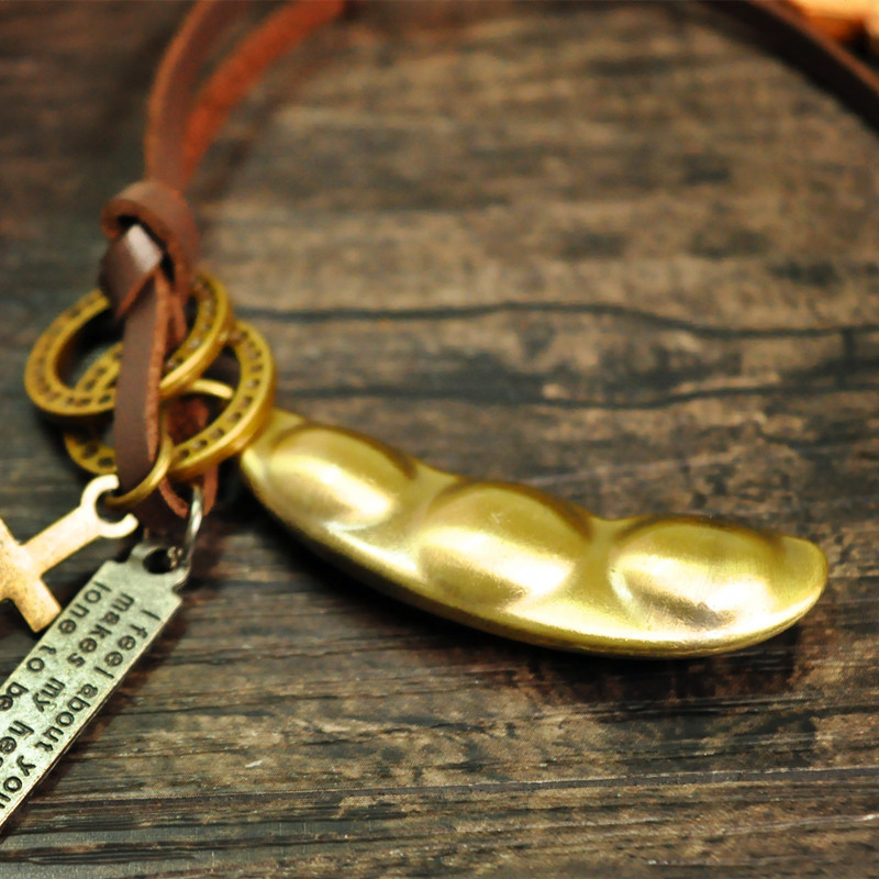 潮流男女通用超纤皮项链 韩版时尚饰品批发 豌豆复古金属吊坠