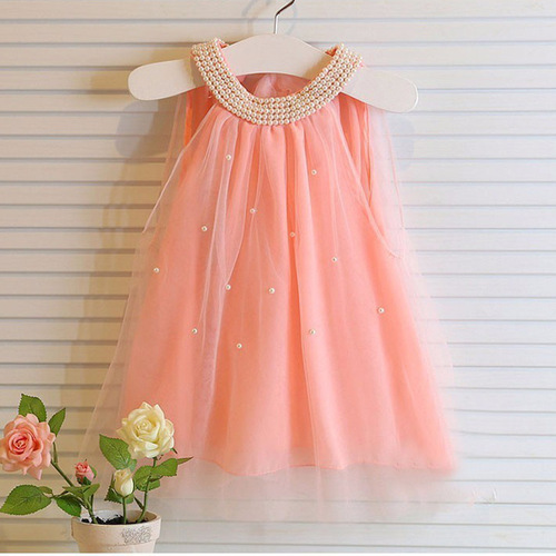  New Fashion Girls Clothing American Mesh Sleeveless Beaded Fashion Dress Dropshipping