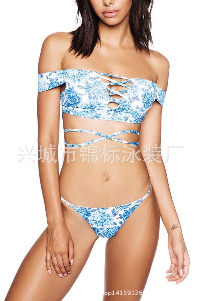ชุดว่ายน้ำ厂家直供速卖通一字肩印花比基尼游泳衣性感分体多绳BIKINI泳装  