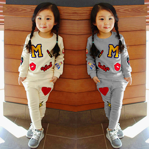 spring foreign trade children's clothing wholesale girls Korean style children's suit round neck long-sleeved sweatshirt two-piece set factory direct sale