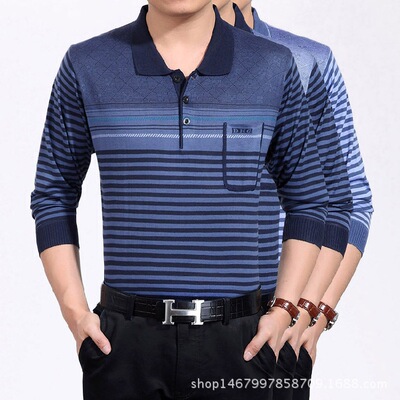 春季热卖中老年男装长袖T恤跑江湖地摊爸爸装翻领条纹体恤衫批发