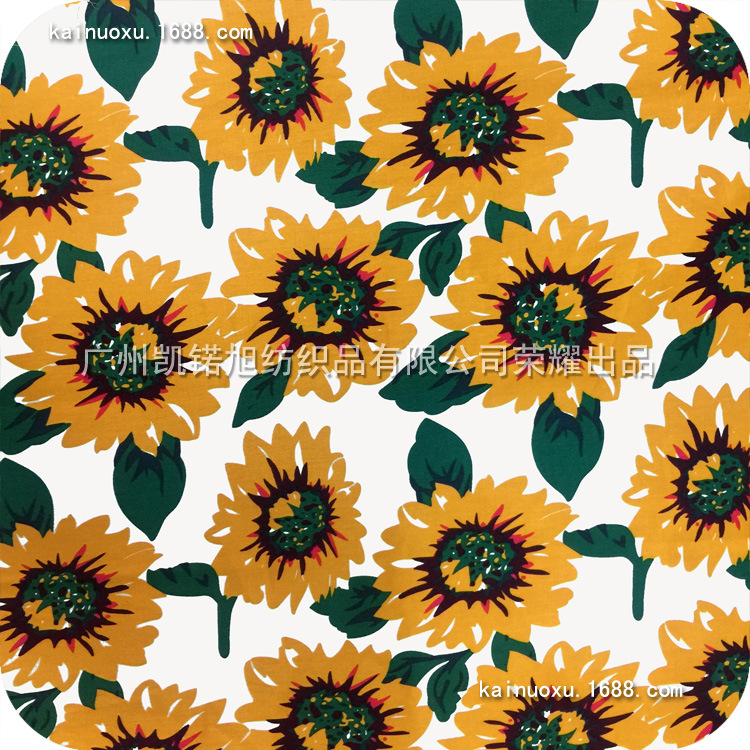 斜纹印花布 向日葵图案 棉布弹力 复古连衣裙印花面料 夏棉布印花
