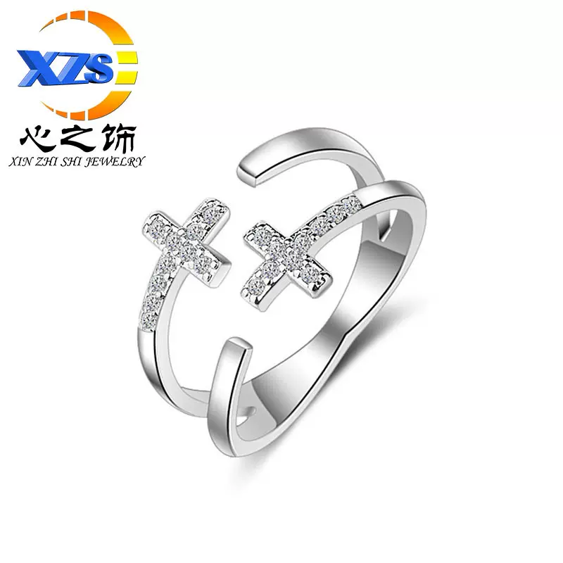 双层十字架镶钻开口戒指女韩版时尚百搭尾戒戒指
