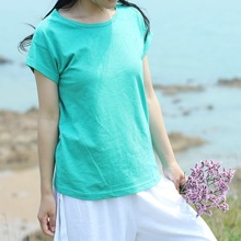 T9092女式棉麻文艺风格纯棉竹节短袖t恤 纯色简约 厂家直销